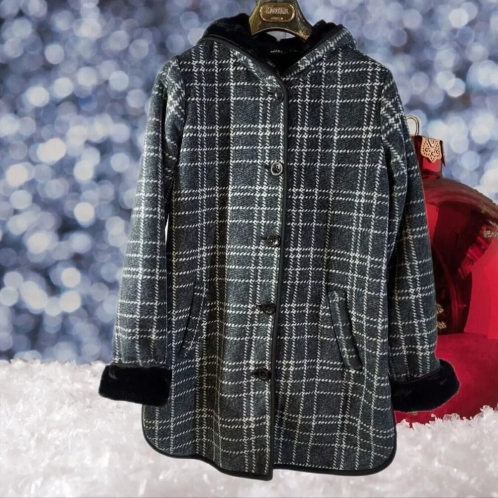Coat Hooded Jacket Plush Lined Charcoal Plaid Small Ike Behar - Picture 1 of 16